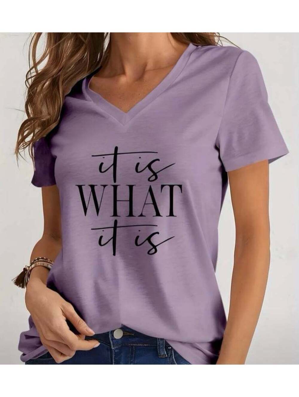 New - Stylish and FUN! Short Sleeve V-Neck Fashion T-Shirt -Purple/Black -Size L